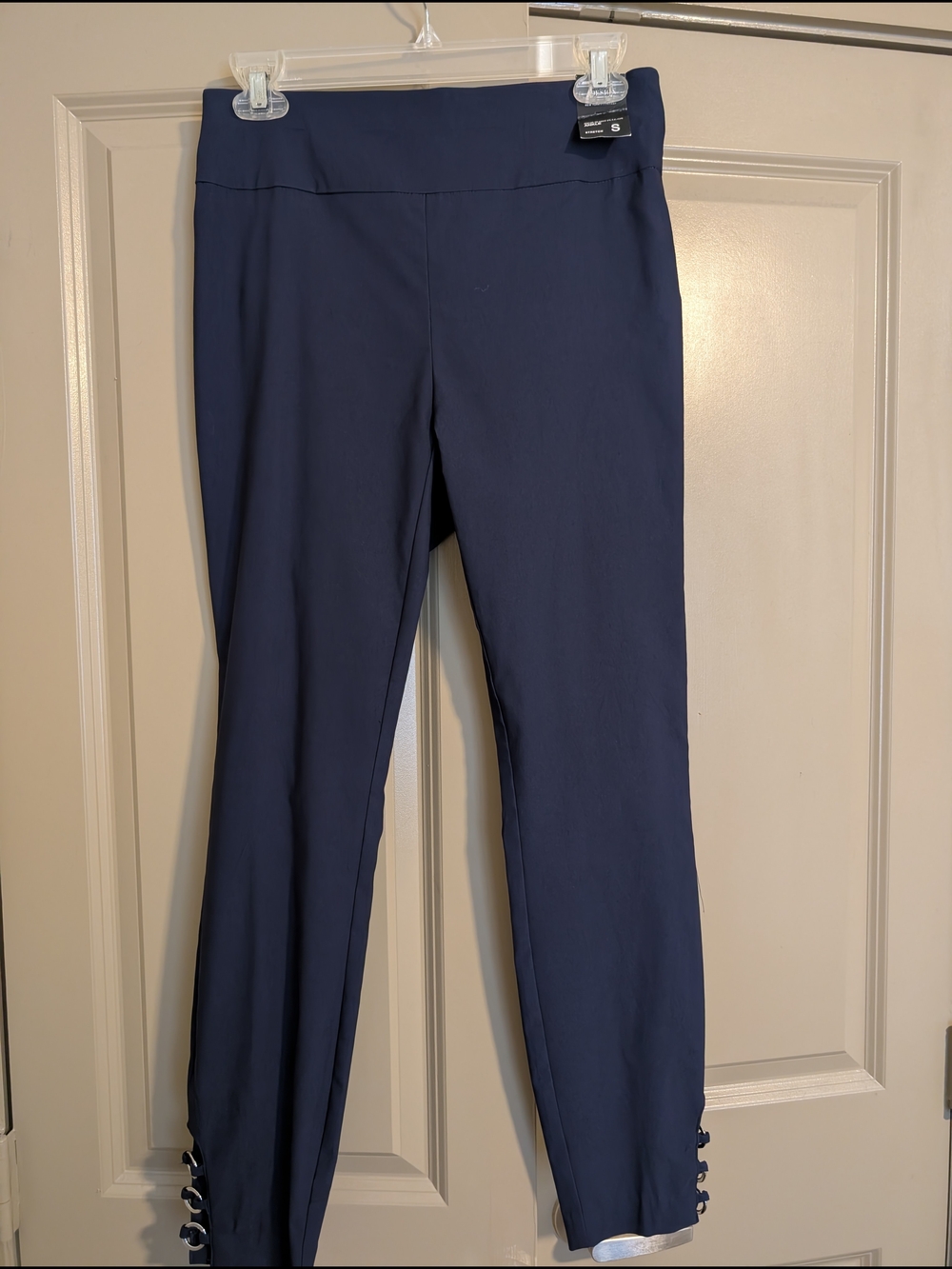 Women's Navy Stretch Ponte Ankle Pants with Button Detail